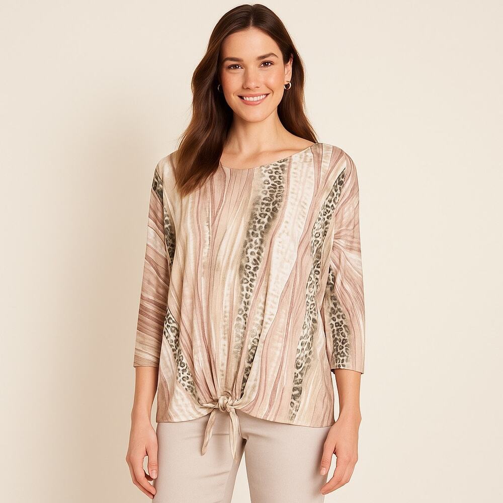 Chico’s 3 XL Animal Print Tie Front Blouse Neutral Striped Tunic Top